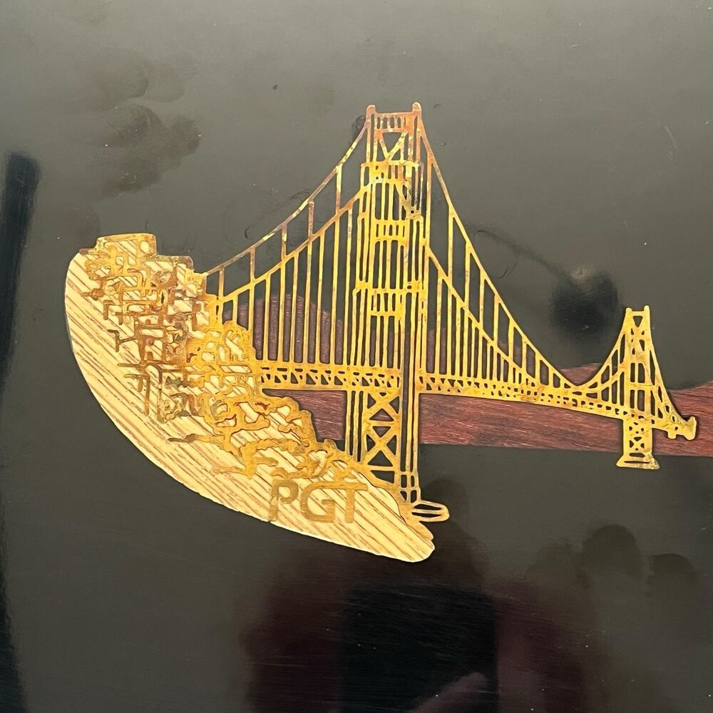 Couroc Tray San Francisco Golden Gate Bridge Gold Detail Black Lacquer Seagulls